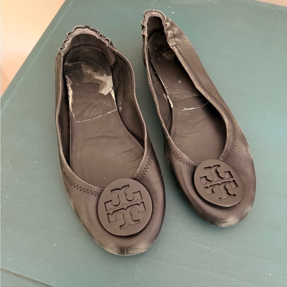 Tory Burch Black Flats with Medallion Logo